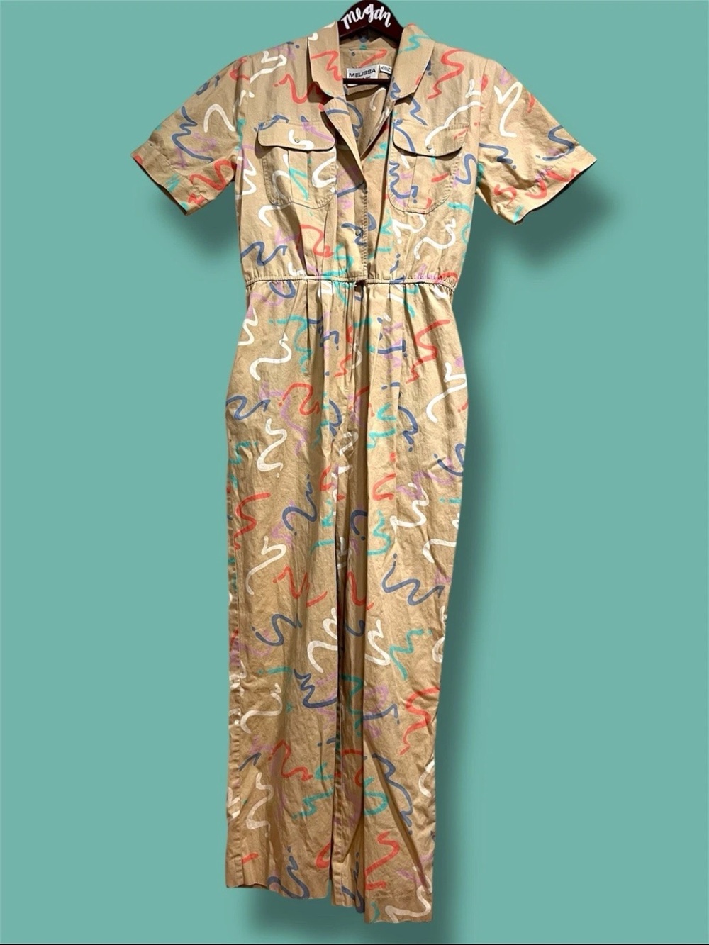 80s Rare Vintage Melissa Lane Coverall Jumpsuit 100% Cotton Squiggle Colorful 10